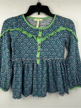 Matilda Jane Green Trim Blue Patterned Peplum Top “Head in the Clouds” BOHO